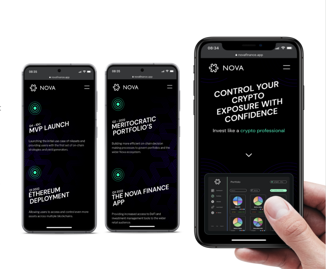 Screenshots of the Nova Finance website on a smart phone.