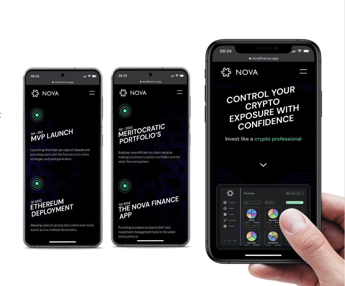 Screenshots of the Nova Finance website on a smart phone.